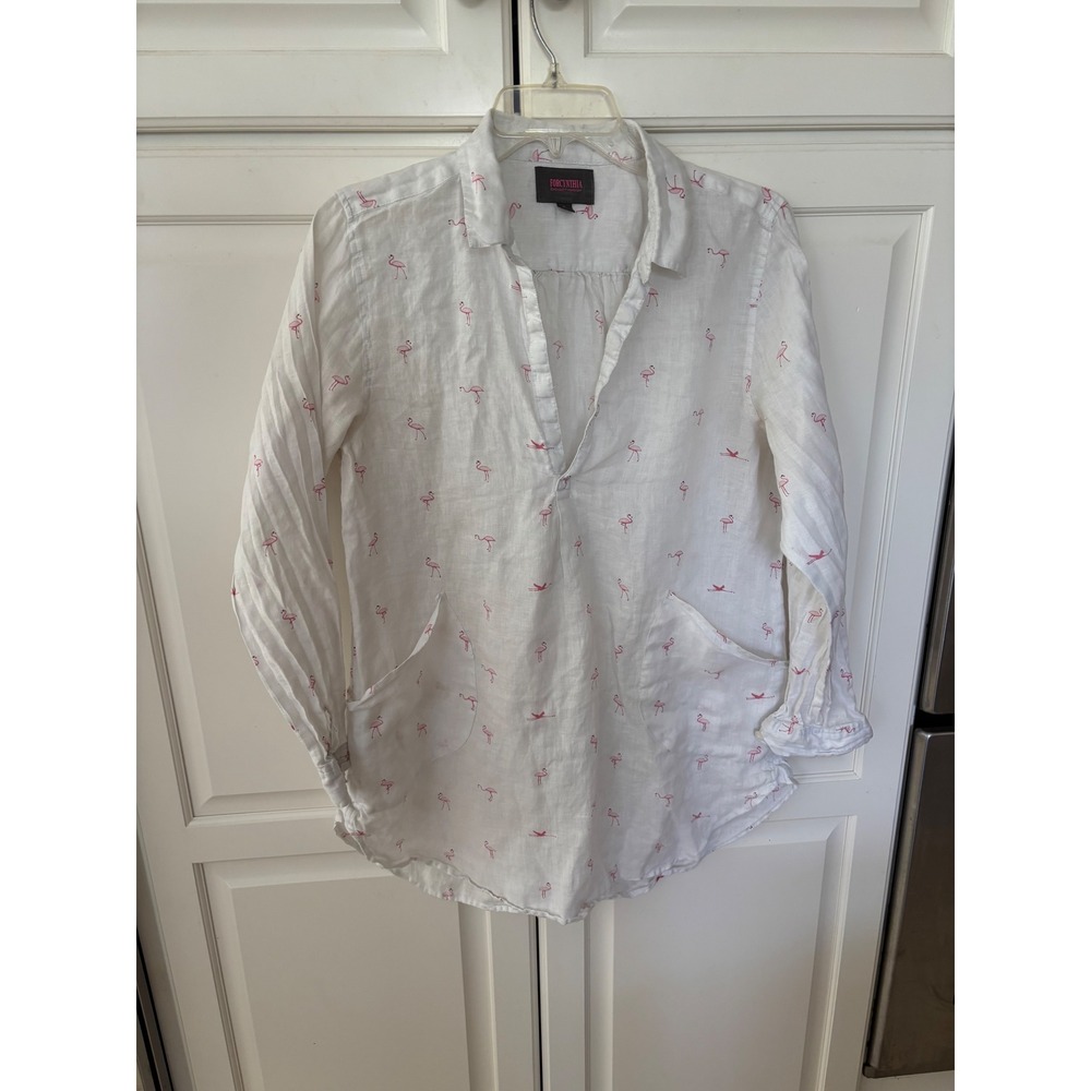 Forcynthia Beachwear White 100% Linen Flamingo Embroidered Tunic Cover Up Large